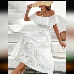 Off-Shoulder White Eyelet Midi Dress